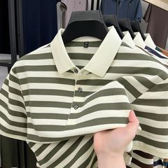 2025新型ストライプ衝突色カジュアルメンズ半袖POLO襟夏tシャツトレンドリード半袖tシャツ上着