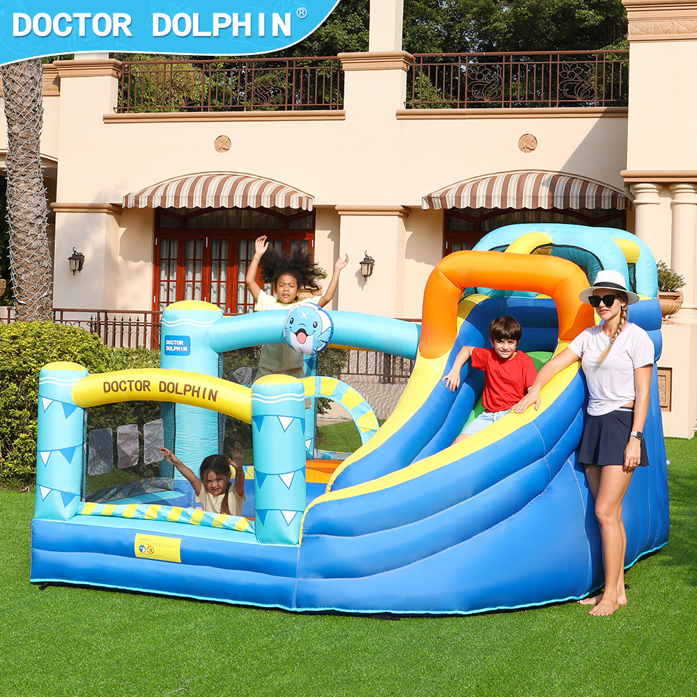 Castillo Inflable Doctor Dolphin, en Existencia, para Interiores y Exteriores, Tobogán Inflable, Trampolín Infantil, Castillo Inflable Combinado con Tobogán y Trampolín para el Hogar