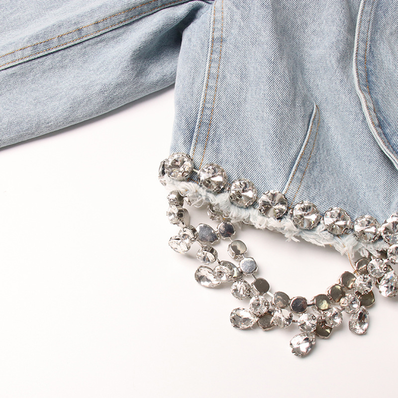 Personality Short Cropped Outfit Slimming Denim Top Hip Wrapped Skirt Diamond Embedded Denim Suit Women