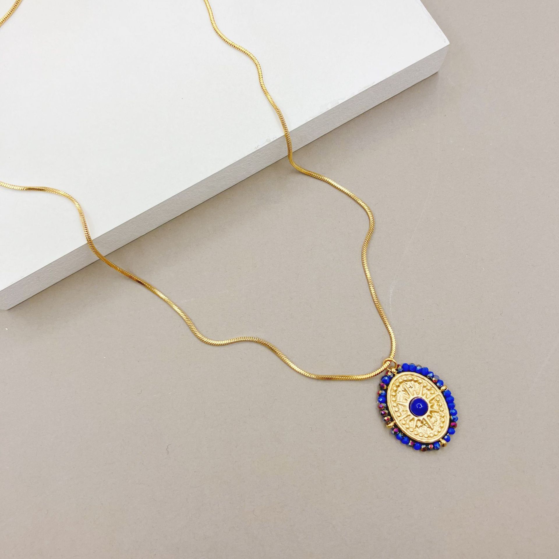 Fashion Sun Oval Stainless Steel Titanium Steel Beaded Enamel Inlay Crystal Pendant Necklace 1 Piece