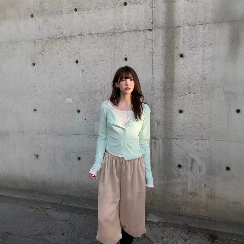 10t Mint Green Thin Sun-Protective Knitted Cardigan for Women, Summer U-Neck Short Long-Sleeve Cover-Up Overdue Fla*R