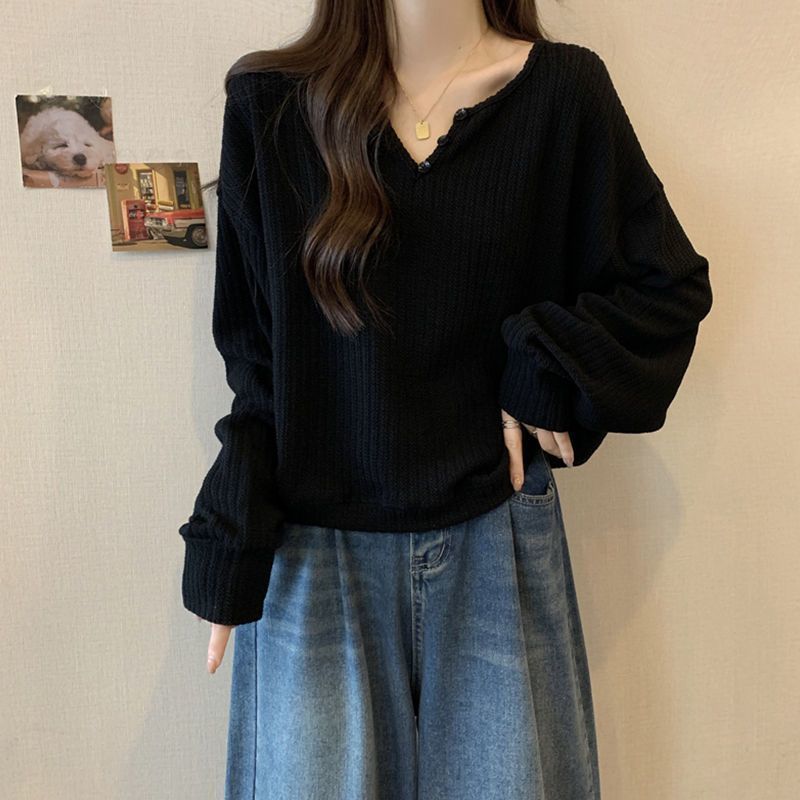 v领坑条螺纹打底衫T恤女春秋冬季内搭新款宽松显瘦大码中长款上衣|undefined