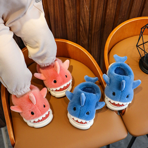 Children's Cotton Slippers Autumn and Winter Warmth Home Interior Anti-Slip Boy Cute Shark Baby Kids Fleece Lined Slippers
