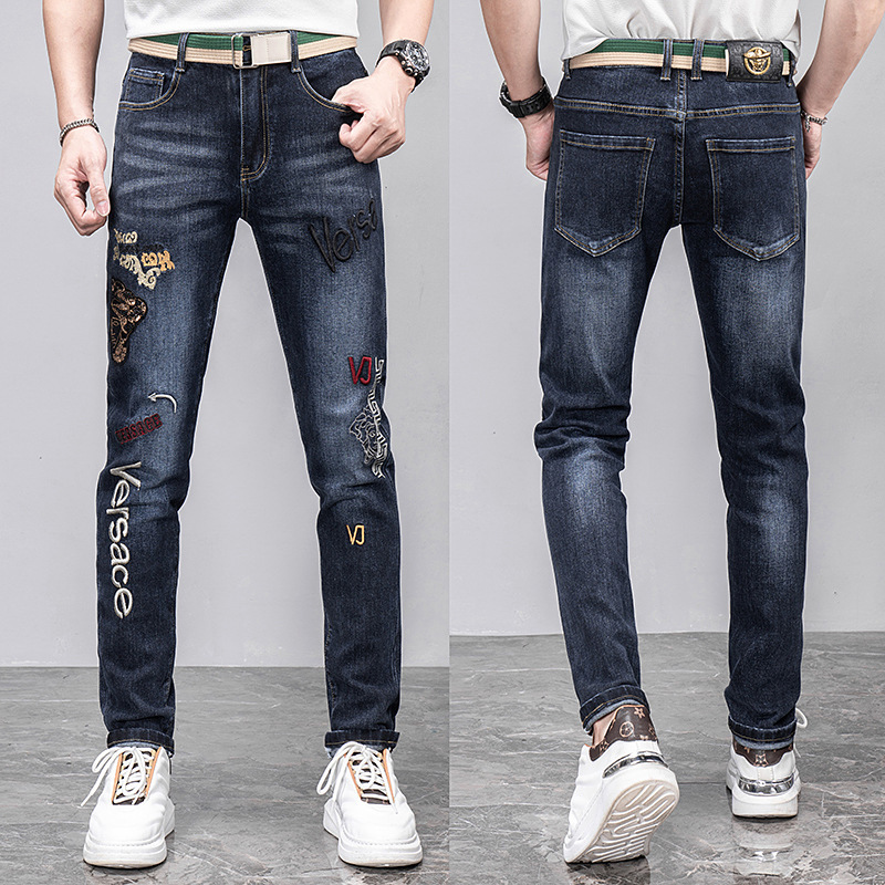 Tredy brodé jeas me's slim fit leggigs, automne ad witer ew corée élastique noir polyvalent bûche pats pour_voghion.com