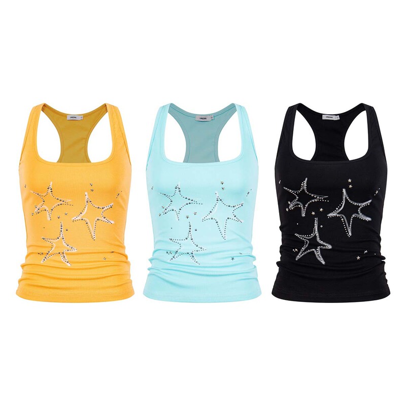 Unbdns Summer Dopamine Style Short Vest for Women, Summer Outerwear with Shell Rhinestone Straps, Trendy Inner Top