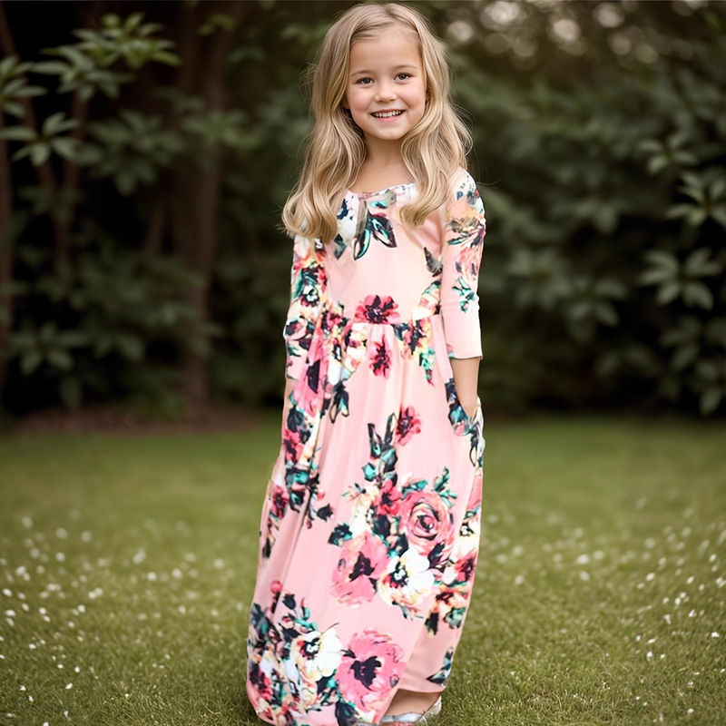 Amazon Children's Clothing Dress European and American Style Round Neck Printed Girls' Long Dress Popular Nine-Quarter Sleeve Dress