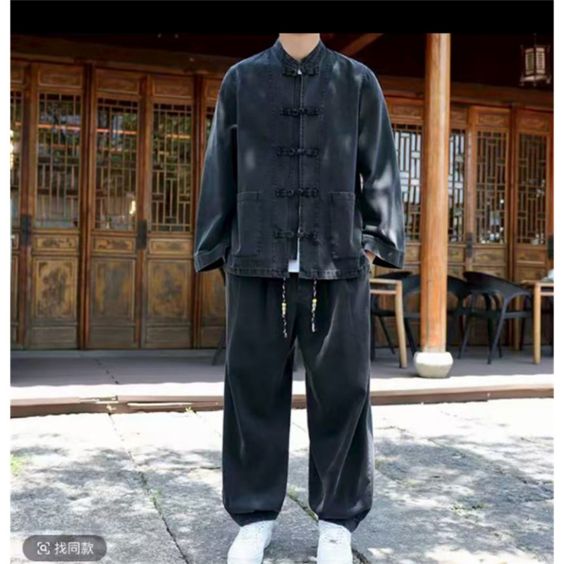【中秋好礼】秋季新款中国风牛仔衬衫夹克套装休闲大码宽松长袖套|undefined