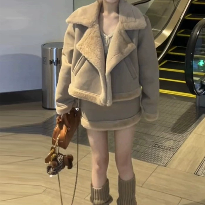 2024 зимняя новая корейская утолщеная меховая куртка с отворотом хлопчатобумажная куртка с высокой талией юбка из двух частей женская