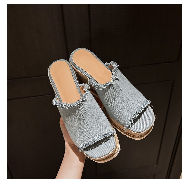 Sandal cao gót nữ hở mũi chất liệu denim, đế xuồng bện cói, gót cao 9 cm — Cao bồi xanh chi tiết 19
