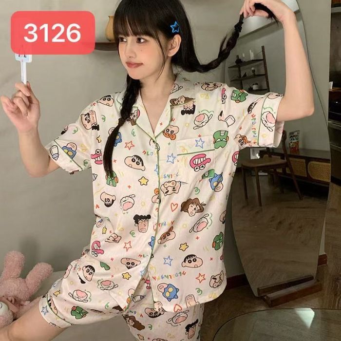 Comercio exterior nube transfronteriza algodón de tres piezas pantalones cortos de manga corta pantalones pijamas de verano ropa a domicilio rebeca de dibujos animados solapa