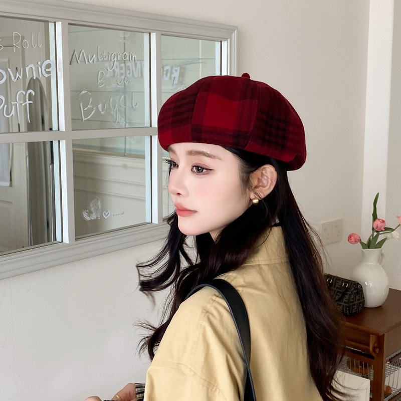 美拉德风贝雷帽女秋冬格子英伦画家帽复古文艺显脸小报童帽蓓蕾帽|undefined
