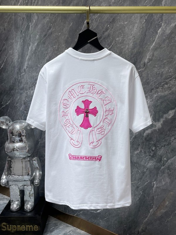 高バージョン25ss新Chrome Heartsクロークピンクの皮付き刺繍クラシックな半袖tシャツ|undefined
