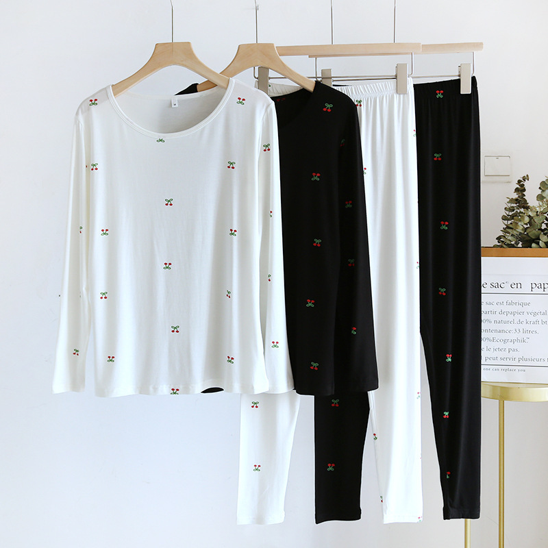 Women's printed modal long-sleeved pants thin slim-fit thermal underwear round neck pullover long-sleeved trousers can be single shot