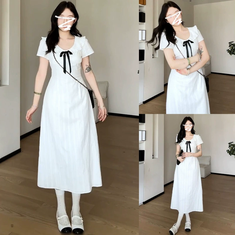 Французское белое платье в стиле преппи с короткими рукавами для маленьких женщин, лето 2025, новая красивая длинная юбка с завышенной талией