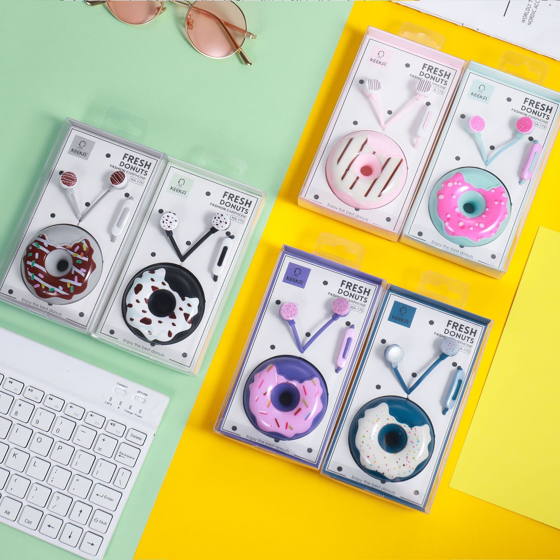 外贸新款有线耳机私模甜甜圈卡通入耳式耳机带唛通话控制有线耳机