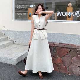 夏装新品上新棉麻两件套裙时尚休闲V领显瘦休闲运动套装女春装高