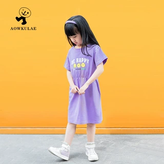 童裙夏季韩版女童连衣裙 中大童束腰笑脸A字裙短袖2026跨境纯棉