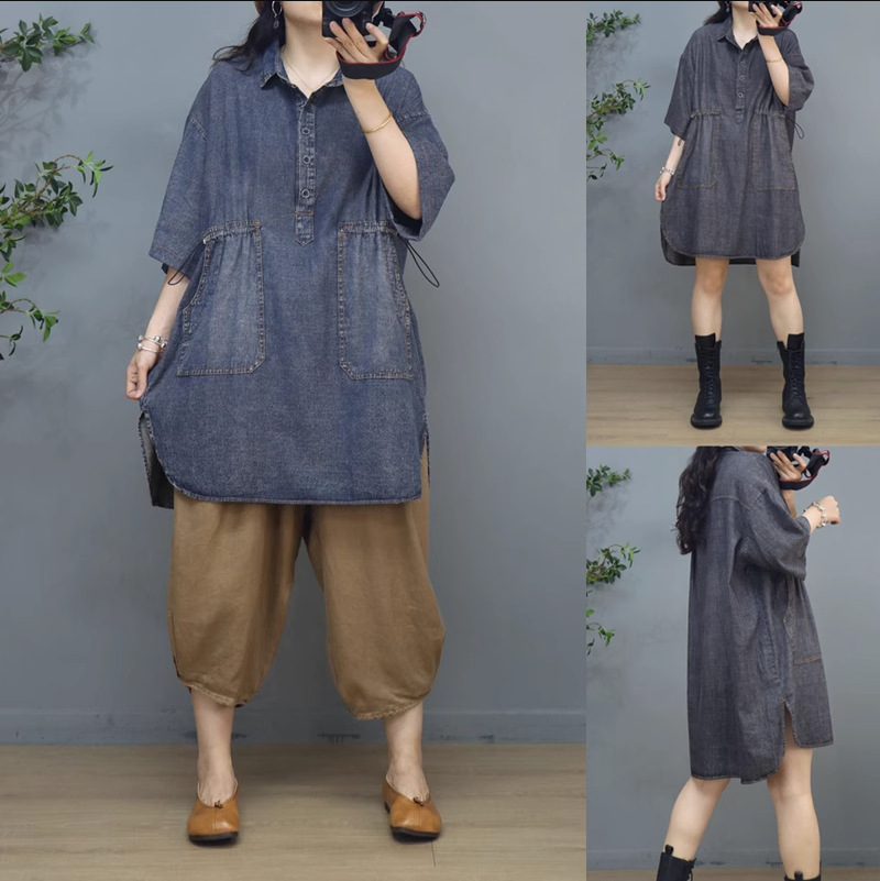 Retro denim long summer dress