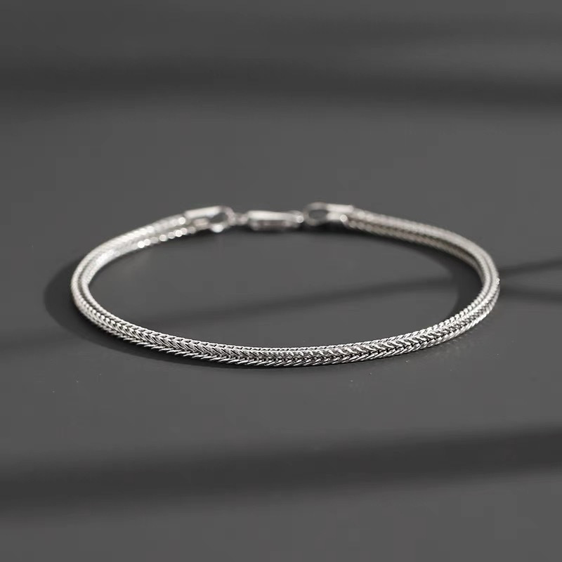 S925 Sterling Silver Foxtail Silver Bracelet Thin Men's Hand Rope Hip-hop All-match Woven Lovers Plain Chain Women's Bracelet