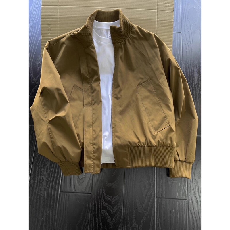 Brown American Stand-Up Collar Bomber Jacket for Men in Autum, Maillard Short Jacket Silhouette High Street Baseball Uniform