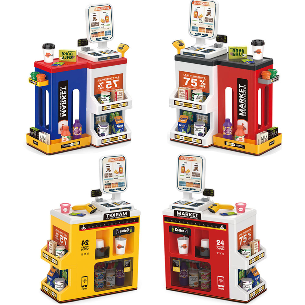 Simulación transfronteriza de juegos de compras de supermercado de niños caja registradora deslizante de tarjetas de escaneo de mesa de compras de supermercado juguetes caseros