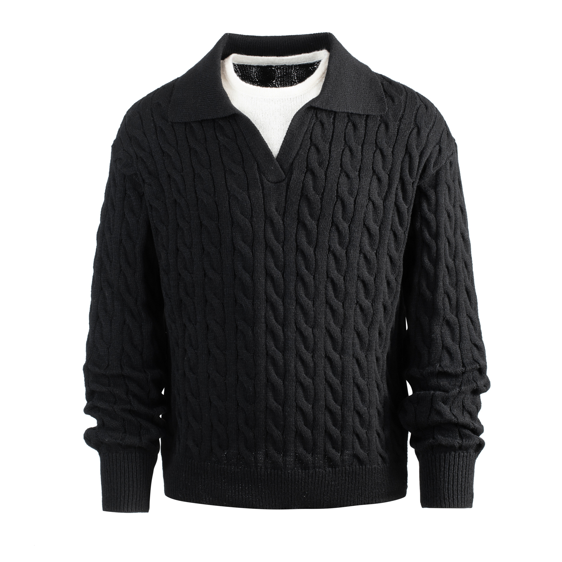 Pull en maille à col V oversize - Pull en grosse maille torsadée pour hommes et femmes - Haut décontracté automne-hiver (Noir/Gris)_voghion.com