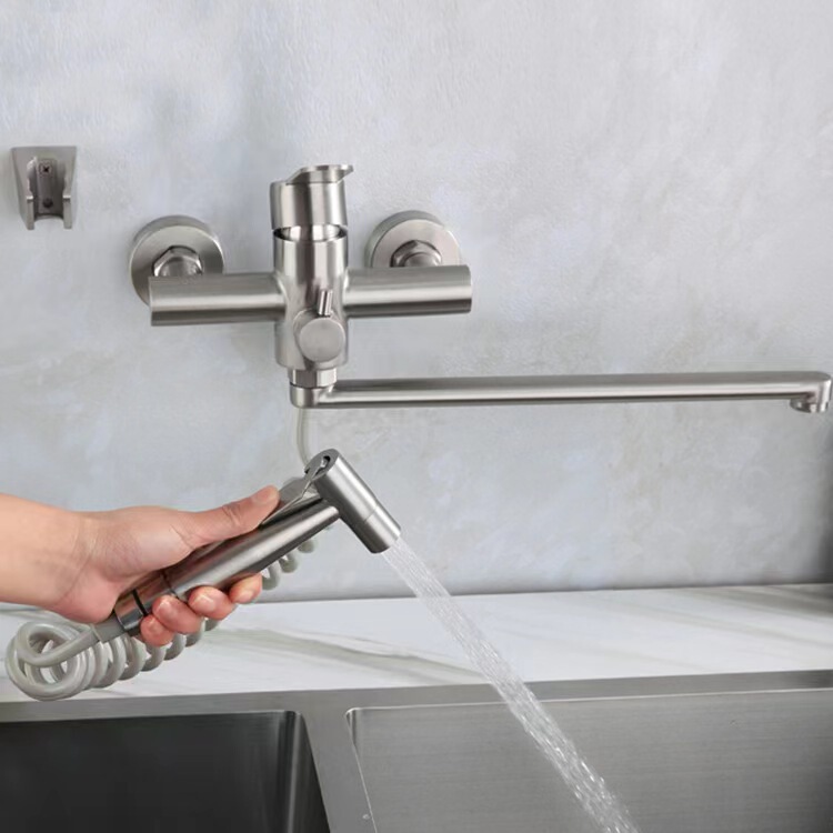 Cross-border 304 stainless steel wall extended mouth kitchen pressurized spray gun suit multifunctional vegetable basin faucet
