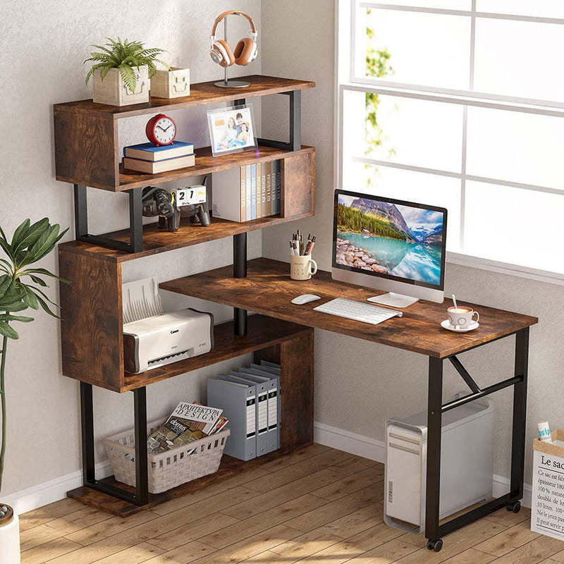 Cross-Border Hot-Selling Rotatable Mobile Computer Desk Writing Desk L-Shaped Office Furniture with Bookcase Storage Cabinet Storage Trend