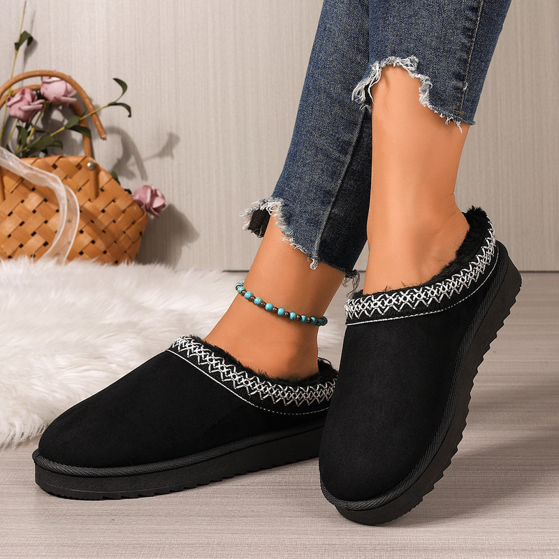 Large Size Flat Plush Snow Boots for Women, New Autumn/Winter 2025 Cotton Shoes, Closed-Toe Large Size Thick-Soled Slippers