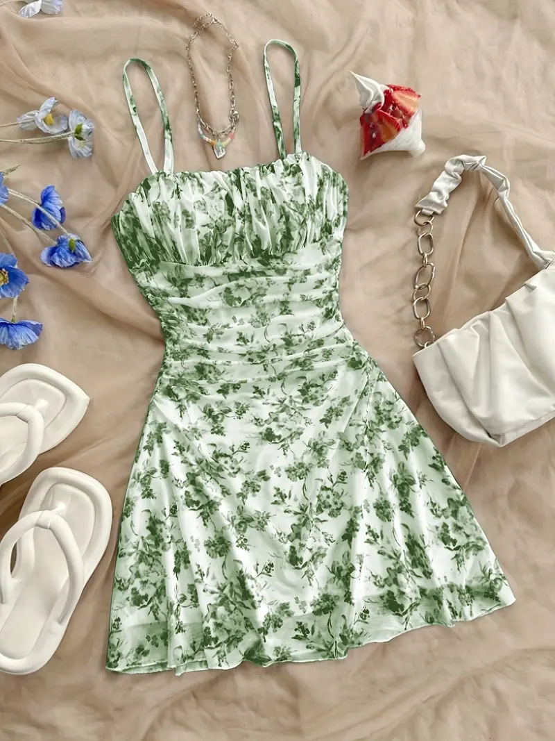 2026 French-Style Floral Spaghetti Strap Dress with Waist-Cinching V-Neck Design, Casual Beach Vacation Dress for Photoshoots at the Seaside