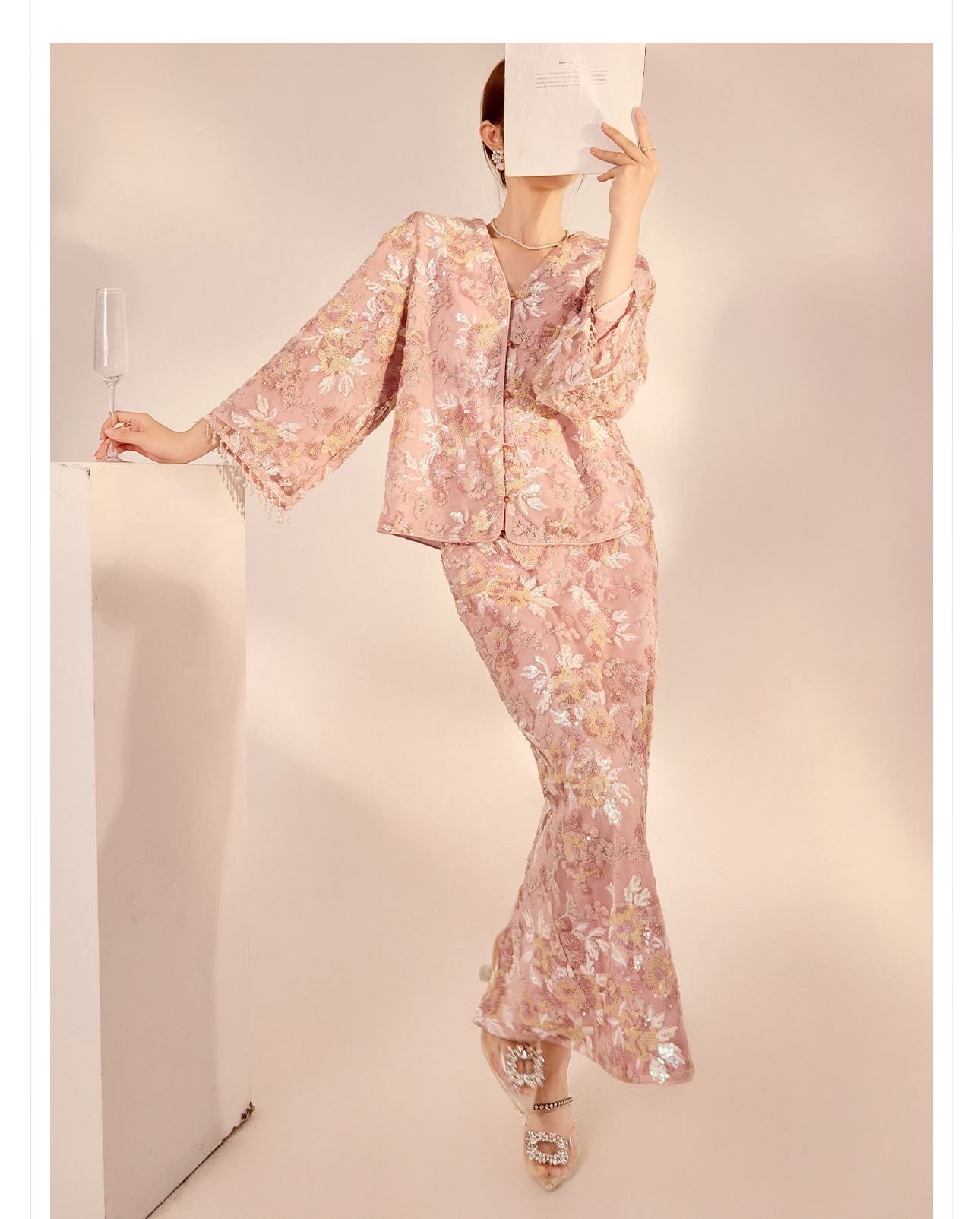 Set áo khoác và chân váy nữ phong cách Tân Trung Hoa thêu sequin cao cấp N2064 — Váy nửa, Áo khoác chi tiết 2