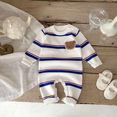 INS Korean-style striped infant spring knit onesie pinafore crawler suit for boys and girls minimalist hooded sweater