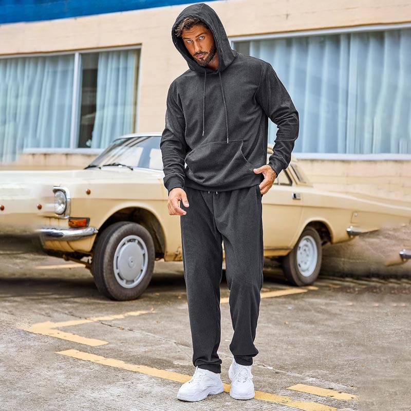 Men's Clothing 2024 Autumn and Winter Casual Men's Sweater Suit Solid Color Loose Hooded Sports Suit_voghion.com