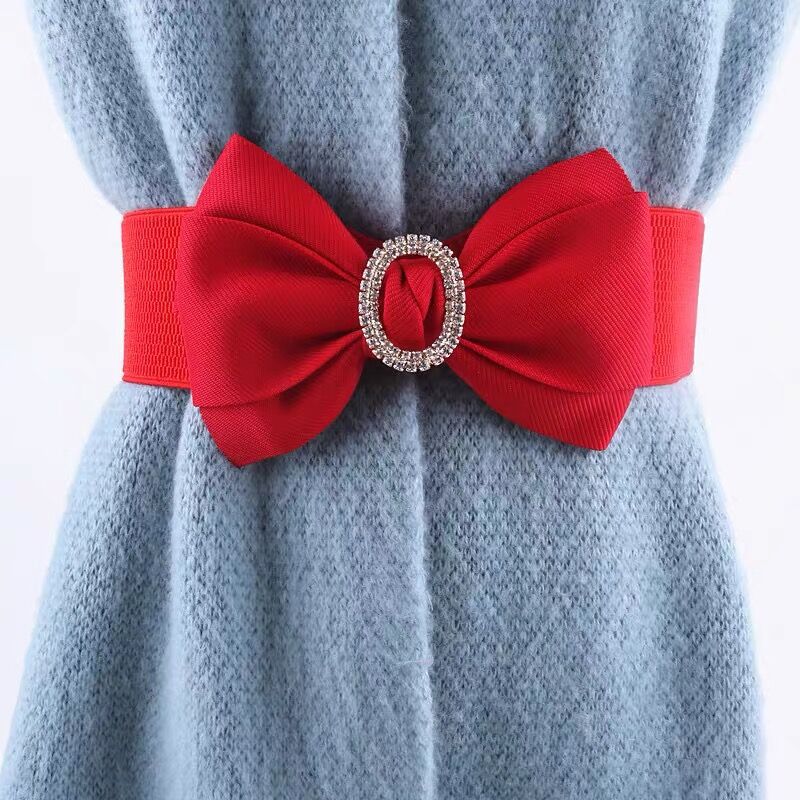 Elastic Band Material Sweet Bow Knot Cloth Elastic Band Inlay Rhinestones Women's Woven Belts