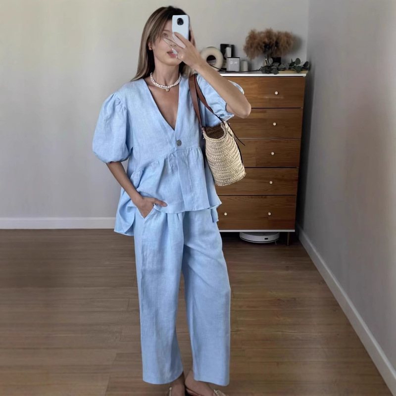 2025 French sweet atmosphere solid color V-neck bubble short sleeve lace-up pants suit foreign trade cross-border women's clothing batch