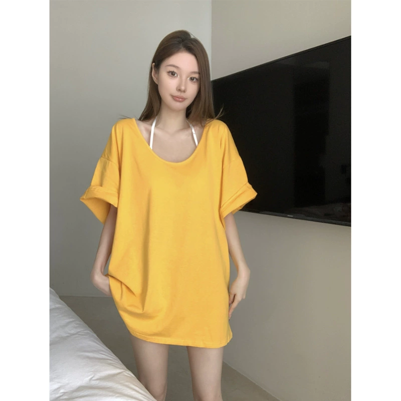 White spring summer long T-shirt, oversize, with short sleeve