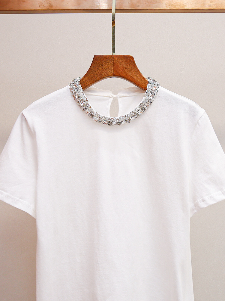 Shenzhen Nanyou High-End Women's Fashion Autumn New French-Style Heavy-Duty Rhinestone-Embellished Versatile Pure Cotton Regular Shoulder Short-Sleeve T-Shirt Top