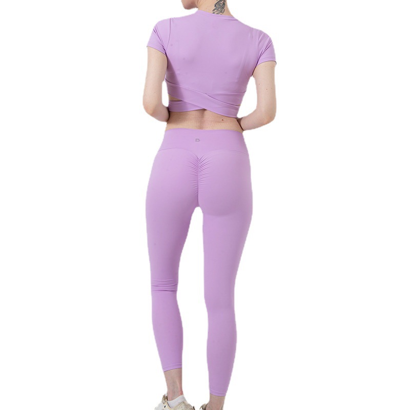 交叉设计短袖运动瑜伽服女跑步健身上衣性感t恤普拉提提臀健身裤