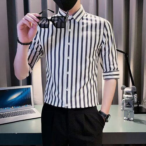 2024 Summer New Ice Striped Short-Sleeve Top Loose High-End Shirt Men's Trendy Bad Boy Stylish Versatile Collared Shirt
