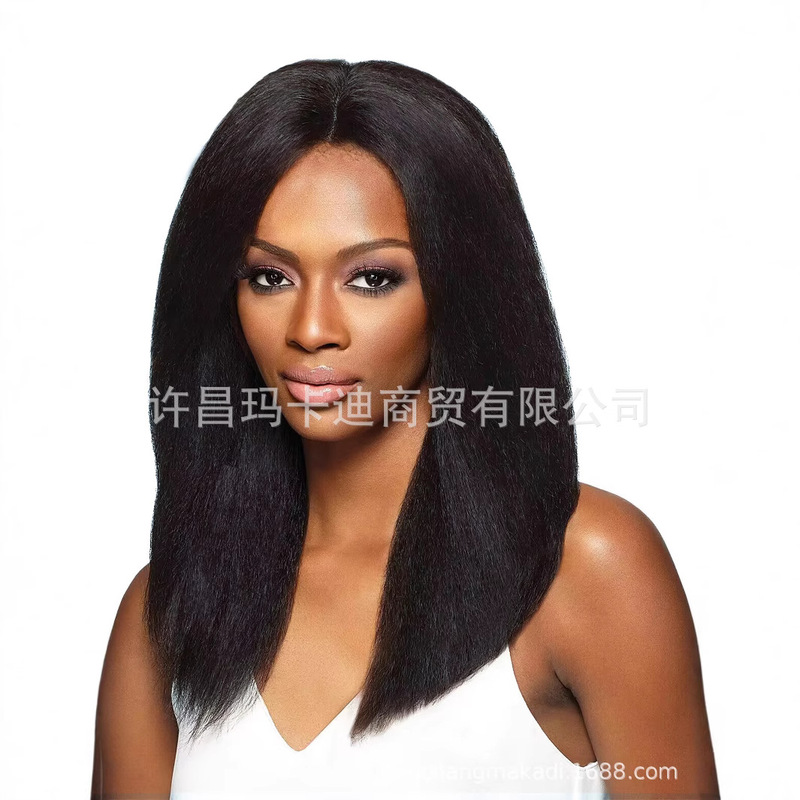 European and American Cross-Border Wig Wig African Afro Black Fluffy Yaki Straight and Curly Medium-Length Wig Ready for Delivery