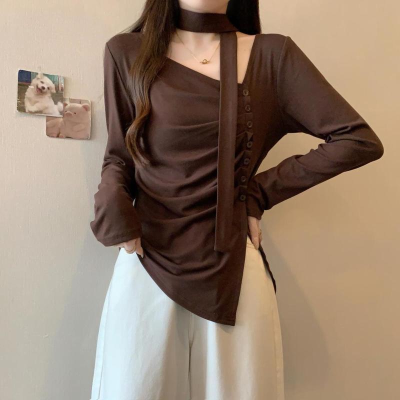 安可拉红V领正肩长袖T恤女秋大码胖mm不规则打底衫高级感挂脖上衣|undefined