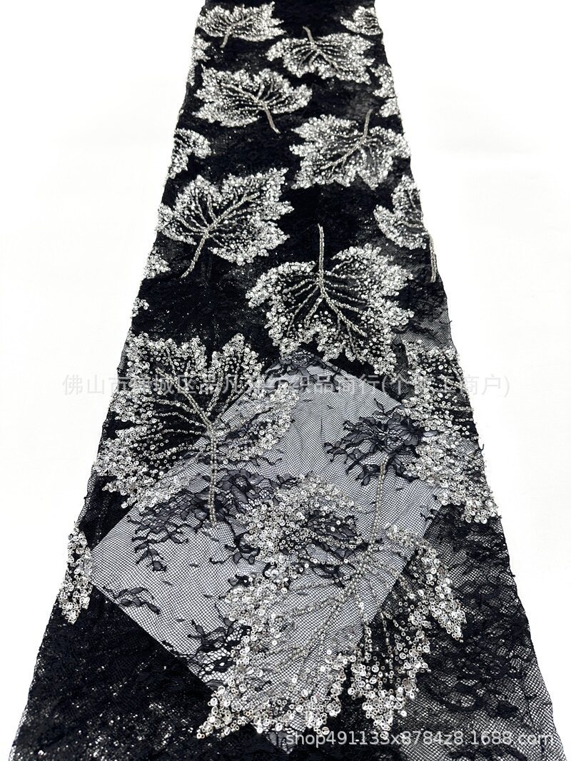Nuevo encaje de hoja de arce hecho a mano tela de cuentas de clavado sequilla cola de pescado vestido de brindis cena anual vestido de tela en stock