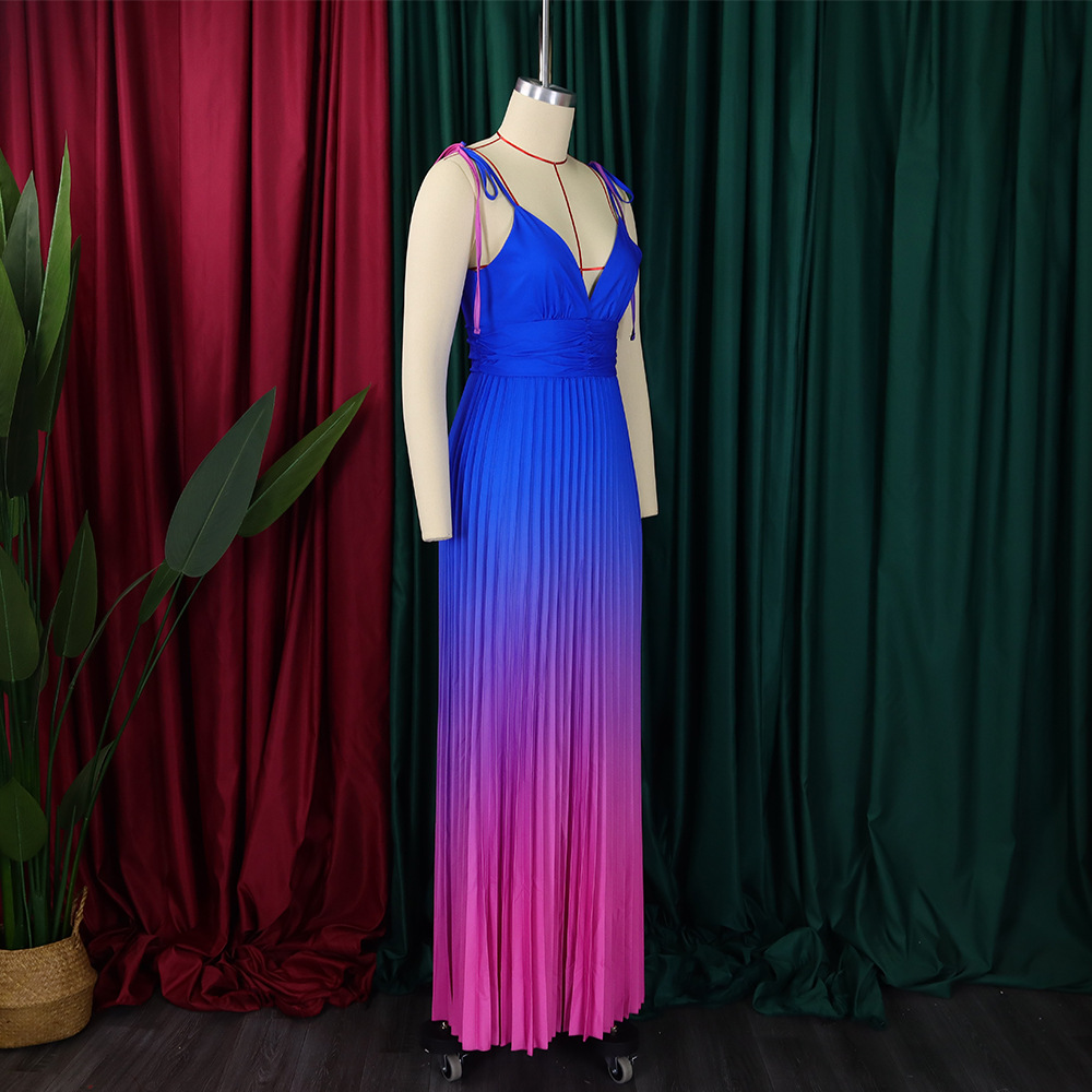 chinese dress ladies Halter Sleeveless Deep V Neck Long Split Formal Dress With Pleated main image 1