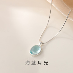 925純銀海藍宝月光石楕円蛇骨ネックレス女性高級感鎖骨鎖楕円ペンダントアクセサリー