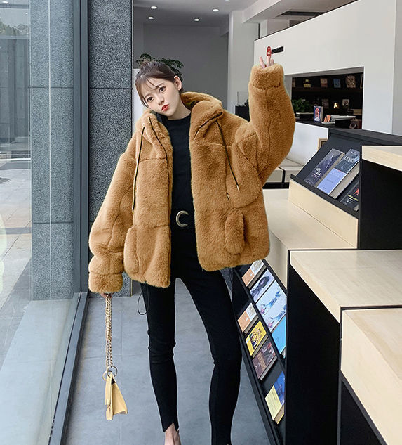 2022 Autumn and Winter New Imitation Fur Coat Women's Imitation Rex Rabbit Fur Hooded Plush Coat Loose Warm