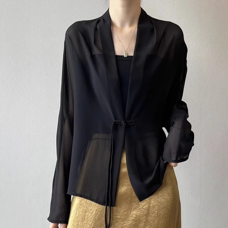 New Chinese-Style Sun-Protective Cardigan with Buttoned Shirt for Women, Summer National Style Thin Long-Sleeve Chiffon Shirt with French Design and Slightly Sheer Top