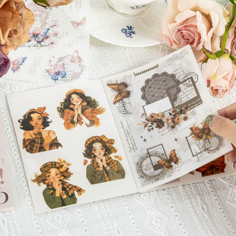 The butterfly cutting dual material sticker retro girl lace decorative collage hand account DIY versatile