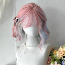 假发女粉色短发彩虹混色Lolita多巴胺jk挂耳染水波纹短卷发全头套