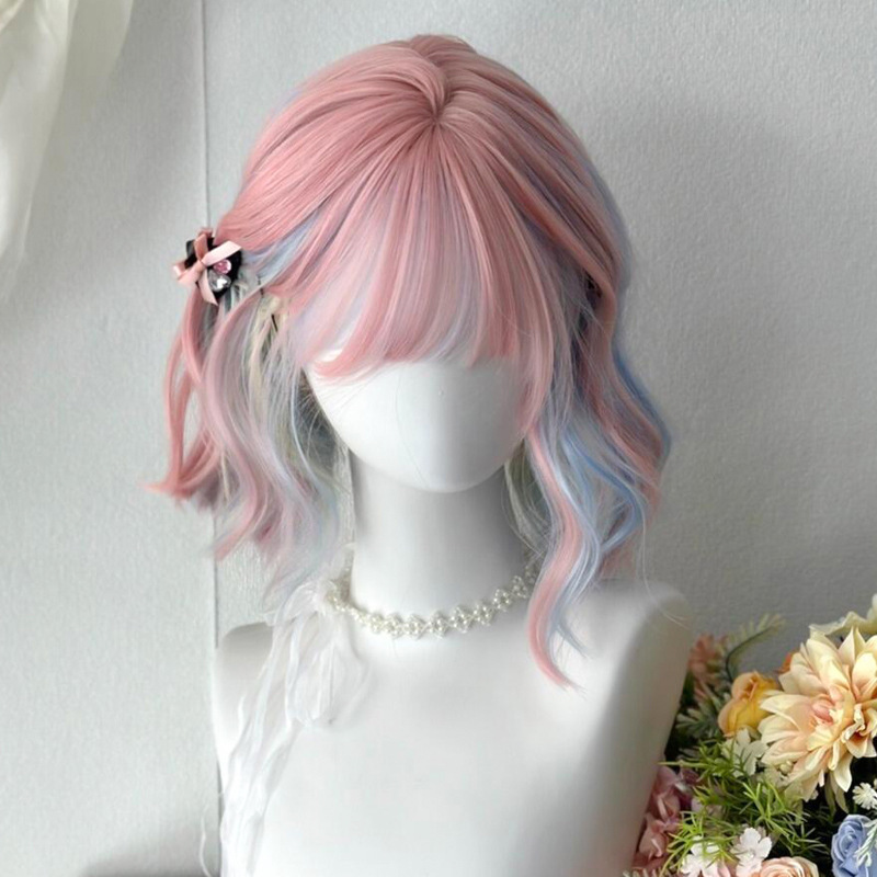 Wig Women's Pink Short Hair Rainbow Mixed Color Lolita Dopamine Jk Hanging Ear Dye Wipe Short Curly Hair Full Head Cover