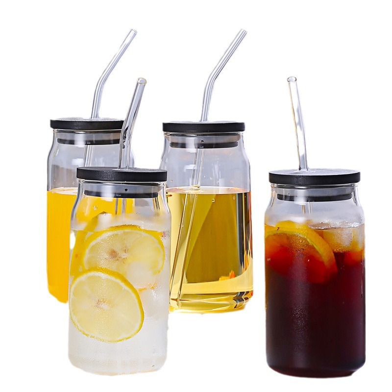 Vaso de vidrio con alto contenido de borosilicato Taza de paja Taza de bebida de jugo Taza de agua transparente de alta calidad Taza de lata de vidrio creativo